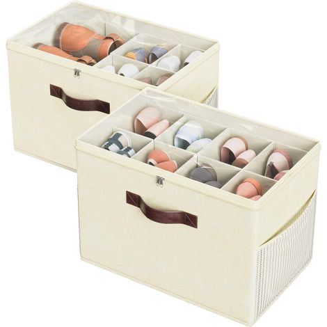 Transparente Schuh Aufbewahrungsbox Faltbar Verstellbare Trennwände Beige 2er Set (1/5)