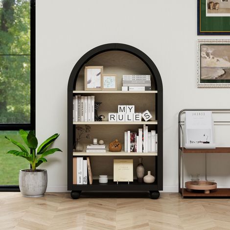 Bibliothèque Moderne à Structure Arquée, 4 Étagères pour un Grand Espace de Rangement, Design Épuré pour Salon, Chambre ou Bureau, Noir, 70.5 x 30 x 116 cm (1/4)