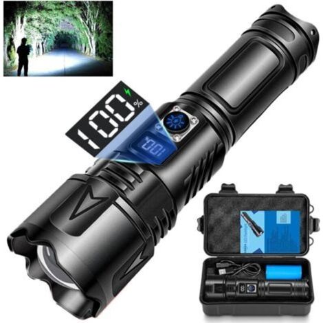 Lampe torche LED rechargeable USB-C, ultra lumineuse, alimentée par batterie, puissante, pour le camping d'urgence, zoomable, étanche, 5 modes (batterie 5000 mAh) (1/4)