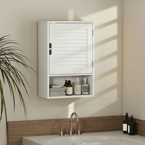 Mobiletto da bagno a parete con anta a persiana, ripiano regolabile e vano a giorno, 40x20x60 cm, bianco.