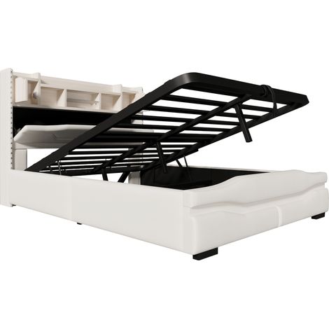 Cama con canapé tapizada 140 x 200 cm beige con LED, toma USB y almacenaje HOMVRA (1/5)