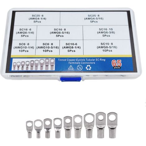 65 pezzi terminali elettrici foro bullone connettori SC in rame stagnato crimpare/saldare per cavi da 6 m㎡ 8 m㎡ 10 m㎡ 16 m㎡ 25 m㎡