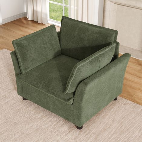 Sillón individual con reposabrazos curvos, cojines incluidos, tapizado de chenilla verde (1/5)