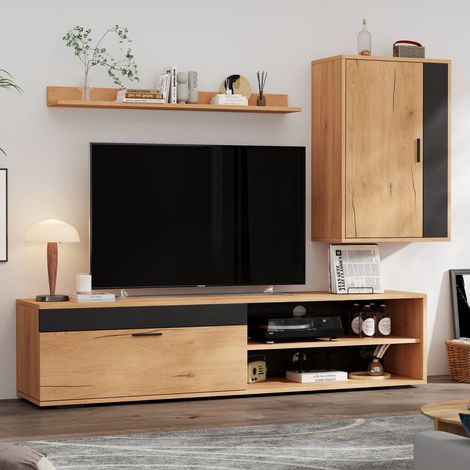 Meuble TV mural 3 pièces 140 cm chêne noir OKMYHOME (1/5)