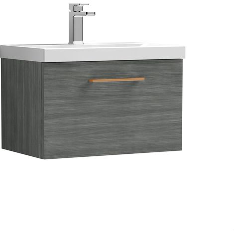Balterley 600mm Wall Hung Bathroom 1 Drawer Vanity Unit and 1 Tap Hole Ceramic Basin, Woodgrain Anthracite with Copper Handle (1/5)