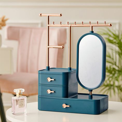 Jewelry Organizer Makeup Storage Box with Mirror Necklace Eearring Display, Green (1/5)