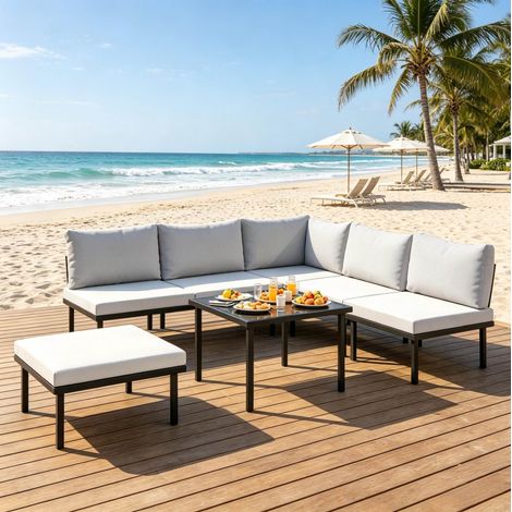 Set lounge da giardino modulare 116x60.5x64 cm, sei pezzi, cuscini imbottiti, tavolino in vetro temperato, metallo nero e grigio chiaro (1/5)