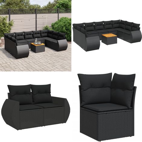 Salon de jardin 10 pcs avec coussins noir résine tressée - Ensemble Salon De Jardin - Meuble De Jardin - Canapé Extérieur - Table De Jardin - Résine Tressée - Home & Living (1/5)