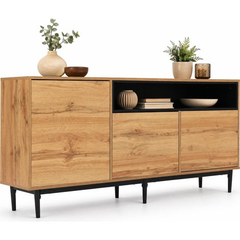 Meuble TV en MDF avec 3 portes et étagères réglables, noir et bois clair, 160 x 35 x 76 cm, rangement moderne pour salon et séjour, montage facile - CHICFURN (1/5)