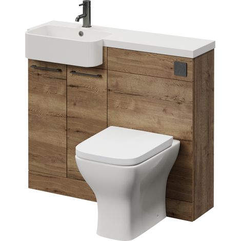 Napoli 250 Tobacco Oak 1000mm 2 Door Vanity Unit Toilet Suite with Left Hand Round Rico Semi Recessed Basin - 1000mm - Gunmetal Grey 160mm HandleWith Kingston Toilet Pan and Seat