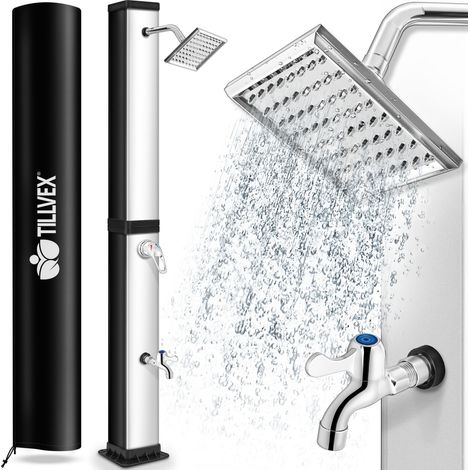 tillvex Ducha de Jardín 40 litros Negro/Plata Cubierta protectora incluida Ducha Solar con Agua Caliente Sin Conexión Eléctrica Cabezal de Ducha de Lluvia y Grifo Conexión de Manguera de Jardín (1/5)