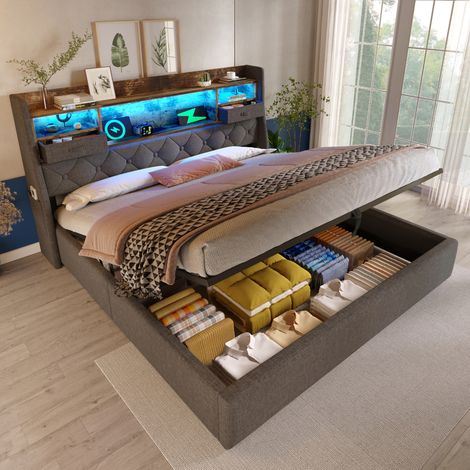Letto a cassone adulti 140x200 cm con vano portaoggetti, LED e 4 porte USB/Type-C, lino, senza materasso, senza fondo, grigio (1/5)