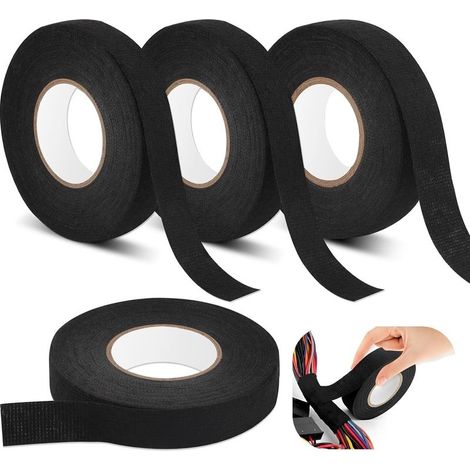 Lot de 4 Ruban de Câbles Noir, Résistant à la Chaleur Rubans 2 Tailles, Ruban Adhésif Isolant électrique, Ruban en Tissu pour Faisceaux de Câbles, Ménage Voiture Moto (19mm x 15m/15mm x 15m) (1/5)