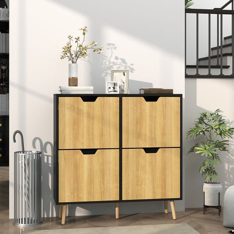 Schmaler Schuhschrank mit 4 Klappschubladen und verstellbaren Einlegeböden für 16 Paar Schuhe, 95 x 26 x 95 cm, Natur und Schwarz