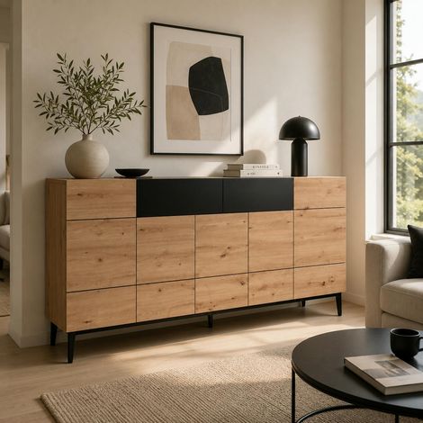 Buffet moderne 5 portes 1 tiroir décor bois et noir ALVA (1/5)