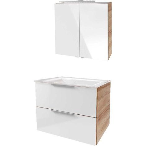 Fackelmann B. BRILLANT Badmöbel Set 3-teilig 80 cm, Weiß Glas/Braun hell, Glas Weiß+Spiegelschrank"-"90314145 (1/5)