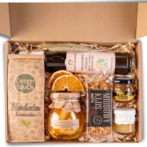 Cesta de regalo, regalo, té, conservas, miel natural, saúco negro (1/5)