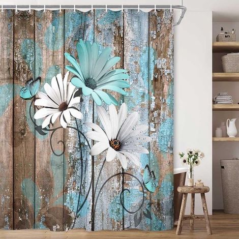 Cortina de ducha rústica campestre de 180x180cm - Flores y margaritas de granja - Incluye producto de Haken-Belle (1/5)