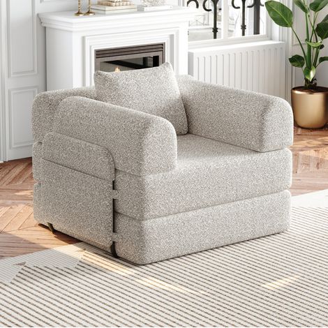 Sofá cama individual 2 en 1 de tela color caqui con compartimento en reposabrazos, base antideslizante y estructura de acero para descanso flexible CHICFURN (1/5)