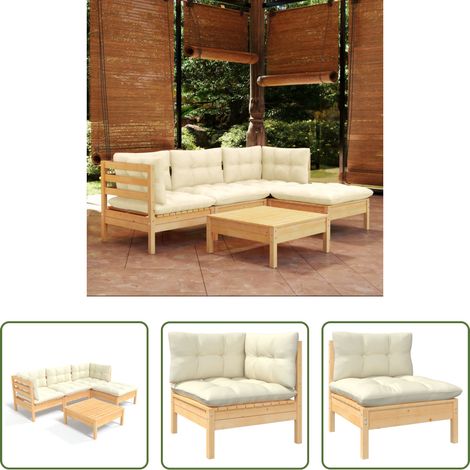 Holzgartenmöbel - 5-tlg. Garten-Lounge-Set mit Creme Kissen Kiefernholz (1/5)