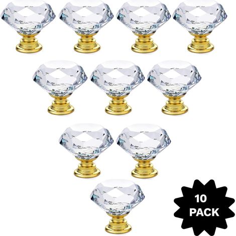 Lot de 10 boutons en cristal doré – Poignées de tiroir élégantes en verre transparent pour placards, commodes et meubles-lavabos