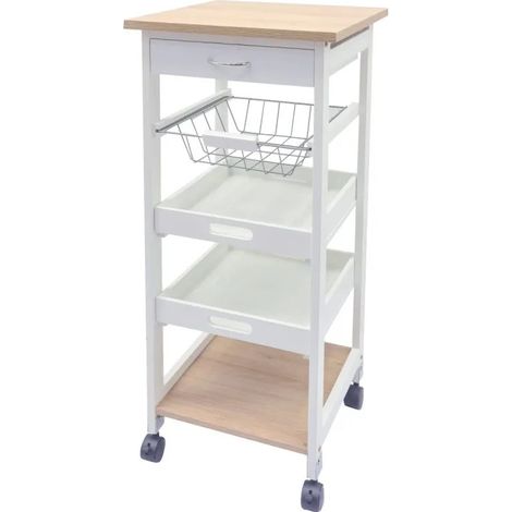 Carrello de cocina Olsen 37x37x82 con 1 cajón, 1 cesto y 2 bandejas blanco/natural