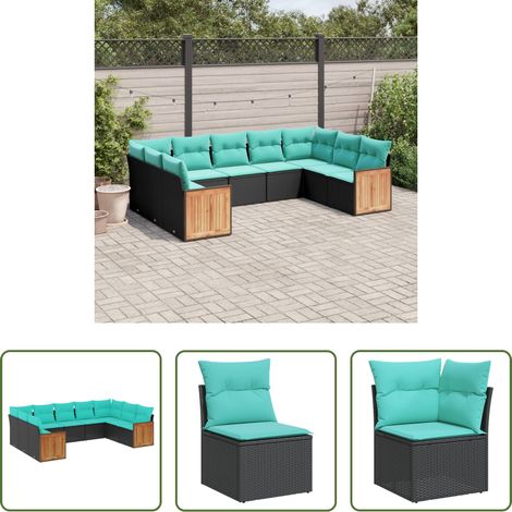 Gartenmöbel - 9-teiliges Gartensofa-Set mit Kissen, schwarzes Polyrattan (1/5)