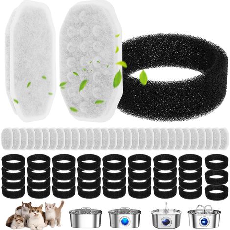 Paquete de 64 filtros de repuesto para fuente de agua para gatos, acero inoxidable, 3,2 L, caudal de agua ajustable, fuente de agua para mascotas (32 filtros y 32 esponjas). (1/5)