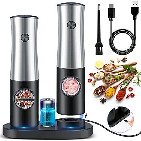 Elektrische Pfeffermühle, Salz- und Pfeffermühle mit wiederaufladbarem Sockel, weißem LED-Licht und einstellbarer Grobheit, elektrische Salz- und Pfeffermühle 2 Stück (A-USB wiederaufladbar) (1/5)