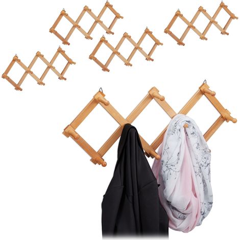 Relaxdays 5x Wall Coat Racks, 10 Hooks Each, Extendable Wardrobe, Stable, Wood, max. HWD: 5.5 x 87.5 x 7.5 cm, Natural