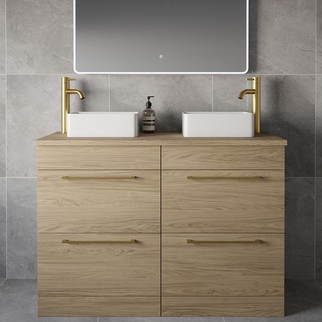 Napoli 460 Light Oak 1200mm 4 Drawer Vanity Unit for Countertop Basins - 1200mm - Brushed Brass 320mm Handle