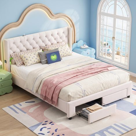 Lit Double 140x190 cm en Velours Beige avec 2 Tiroirs - Finition Cloutée, Tête de Lit LED et USB - Sommier Inclus, design moderne (1/5)