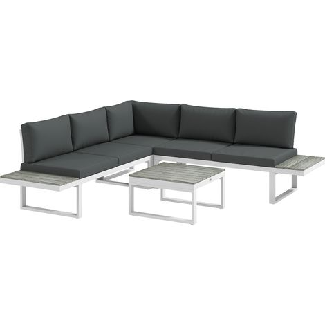 4-Piece Garden Furniture Set with 5-Level Reclining Corner Sofa,Outdoor Lounge Sectional with Cushions,Wood Effect Plastic Table,White Frame and Grey Cushions