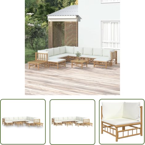 The Living Store Salon de jardin 12 pcs avec coussins blanc crème bambou - Salon De Jardin - Mobilier De Jardin - Ensemble De Salon - Ensemble De Meubles De Jardin - Bamboos (1/5)