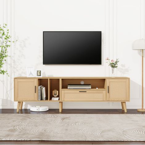 Mobile TV 180x40x54 cm rovere in pannelli di particelle con rattan, 2 ante, 1 cassetto e passacavi (1/5)