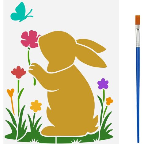 Pochoir Lapin Avec Pinceau Pochoir de Pâques en Plastique Lavable Format A29.7x21 Motif Lapin Papillon Fleur pour Peinture sur Bois Vacances de Pâques 4cm Mur Scrapbook Étage (1/5)