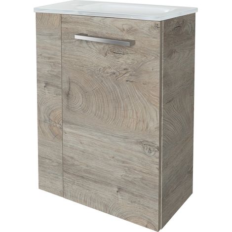 Fackelmann STANFORD SBC Gäste-WC Set 2 Teile – Waschtischunterschrank in Holz Braun mit Waschbecken aus Glas in Weiß – Waschbeckenunterschrank schmal – Türanschlag rechts – 45 cm breit"-"90094145 (1/4)
