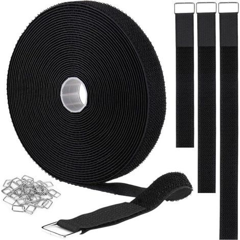 Sangles auto-agrippantes 2 cm x 10 m avec 50 boucles métalliques. serre-câbles réutilisables à couper à longueur. sangles de fixation réglables. sangle de serrage en nylon. noir (1/4)