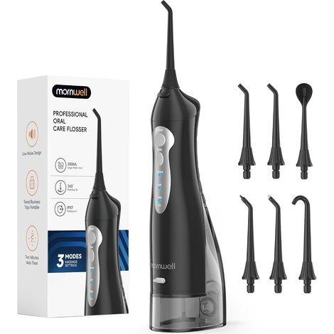 Hydropulseur Jet Dentaire Portable et Irrigateurs Oral 3 modes, 4 Embouts Remplaçables, Rechargeable et Étanche IPX7, Réservoir 300ML (Noir) (1/5)