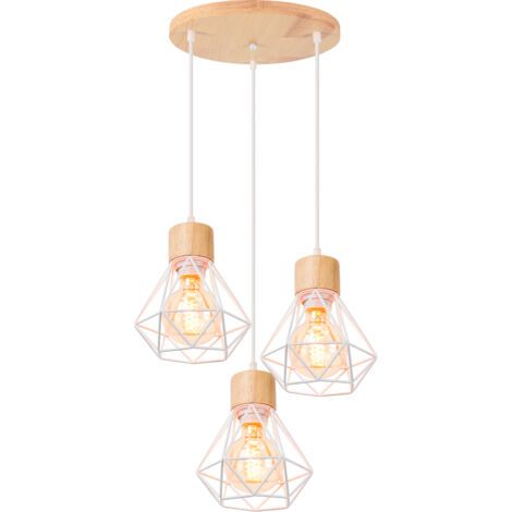royaluxe- Lampe À Suspension Vintage Suspension Luminaire Rétro Blanc 3 Lumières Plafonnier D'Intérieur Moderne En Métal Et En Bois