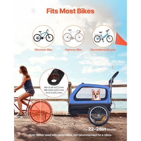 Remorque vélo pour chien, charge 40 kg, poussette d'animaux de compagnie 2 en 1, cadre pliable facile avec roue à dégagement rapide, coupleur de vélo universel, laisse interne, bleu et noir (1/5)