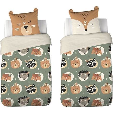Parure de lit Enfant - CÔTÉ DÉCO - Animaux de la forêt - 140x200 cm - Microfibre - Taie d'oreiller 3D