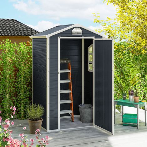Abri de jardin 1,1 m², abri à outils avec toit en pente, 134 x 104 x 204 cm, abri de jardin en plastique avec porte verrouillable, ouverture de ventilation et fenêtre, gris foncé (1/5)