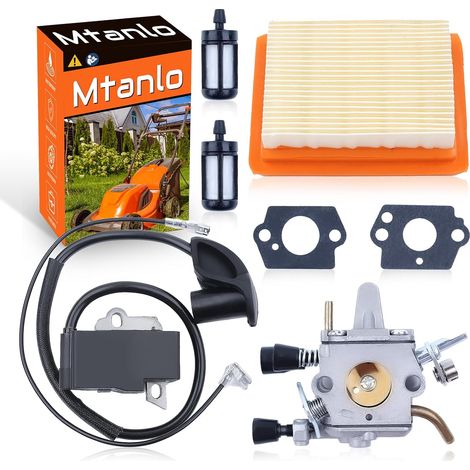 Carburateur et bobine d'allumage pour taille-haie série Stihl FS120 FS200 FS250 FS300 FS350, Kit de carburateur FS120 avec module de bobine d'allumage, filtre à air, filtre à carburant, joint de carbu (1/5)
