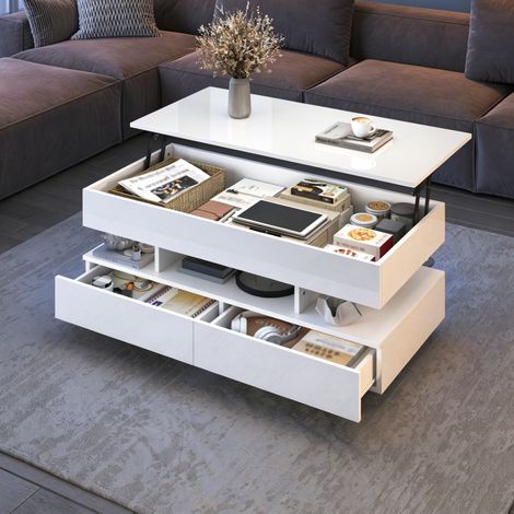 Table basse en panneaux de particules blanc brillant 100x50x45 cm, relevable à 58,5 cm, avec LED et rangement (1/5)