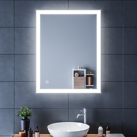 SIRHONA Specchio da Bagno LED Specchio Bagno Illuminato 90 x 70 cm con Touch Control e Anti Appannamento Semplicità Specchio da Parete Impermeabile IP44 Rettangolo 90 x 70 cm (1/5)