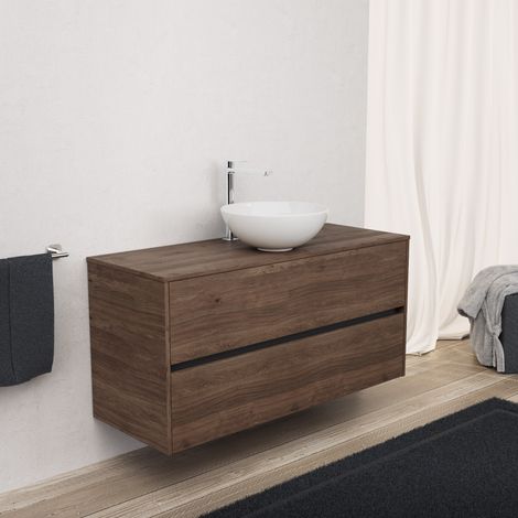 Inda - Badezimmerschrank 2 Schubladen L.120 mit Aufsatzwaschbecken / Braune Eiche - Diamante (1/5)