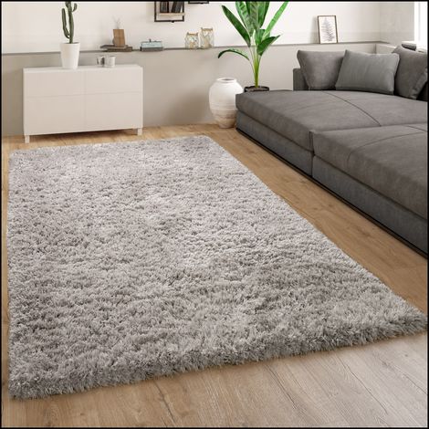 Paco Home Hochflor Teppich Wohnzimmer Shaggy Langflor Modernes Einfarbiges Muster Grau, 120x160 cm