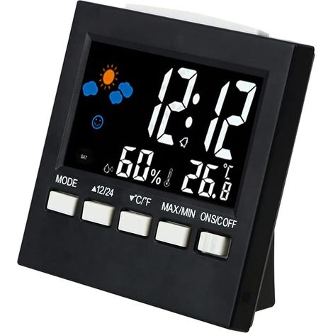 Petit réveil numérique mignon avec affichage de la météo, de l'heure, de la température et de l'humidité (format 12/24 h) pour la maison, la chambre ou le bureau. (1/4)