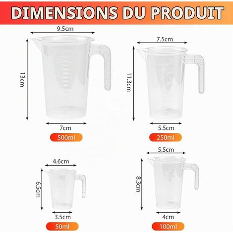 Gobelets Doseurs Verre Doseur Verre Mesureur Compte-Gouttes Bâtonnets Mélangeurs Cuisine Laboratoire 50/100/ 250/500ml (1/4)